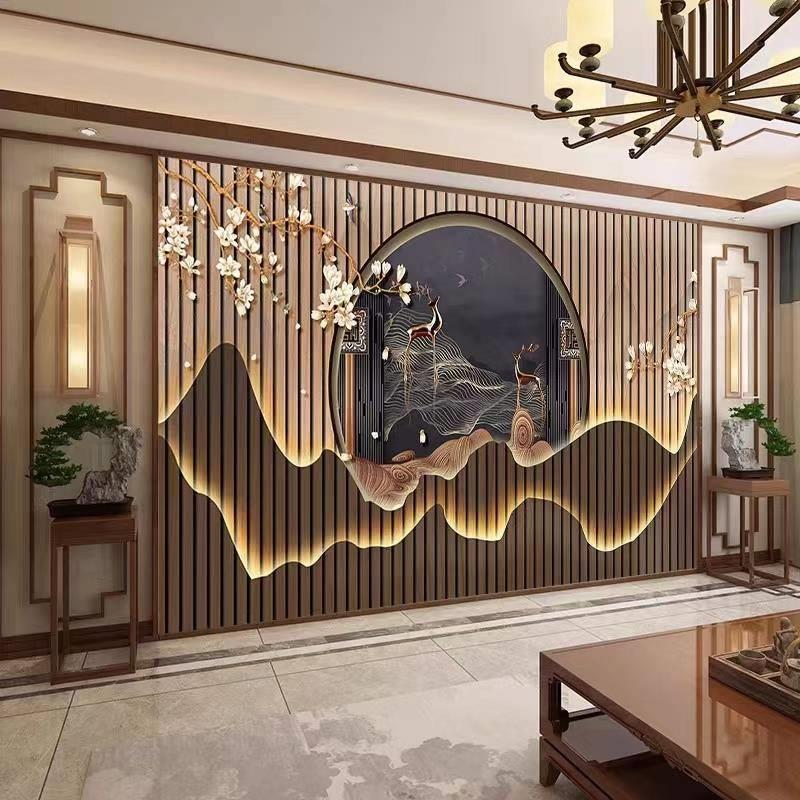 2024新款中式竹木纤维茶室沙发背景墙集成墙板养生馆店护墙碳晶板
