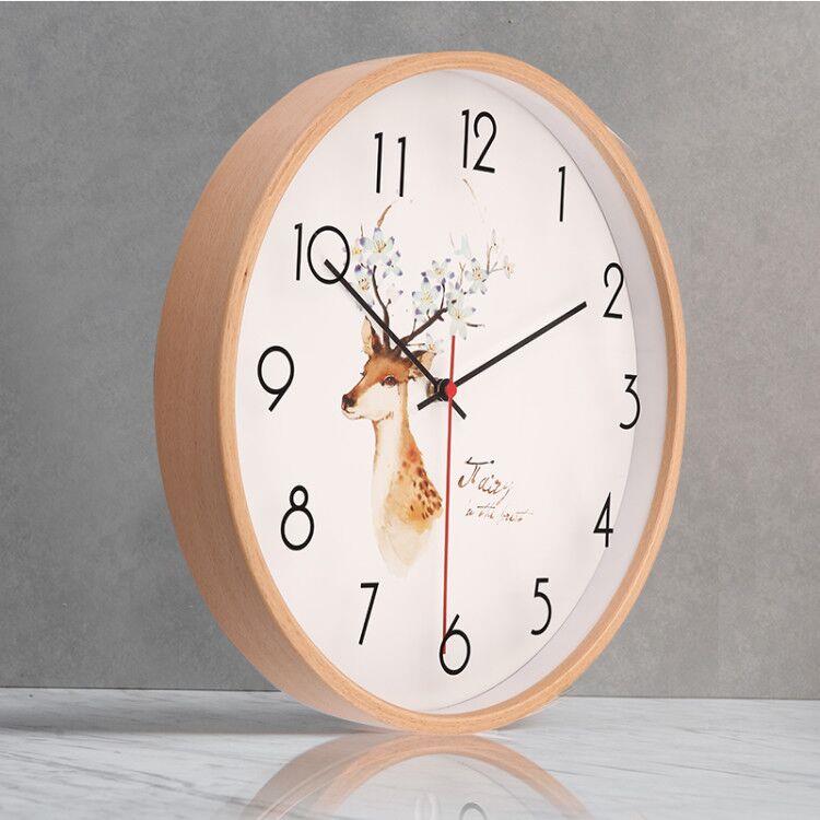 12寸北欧静音挂钟客厅实木简约现代榉木时钟挂表卧室石英钟表日式