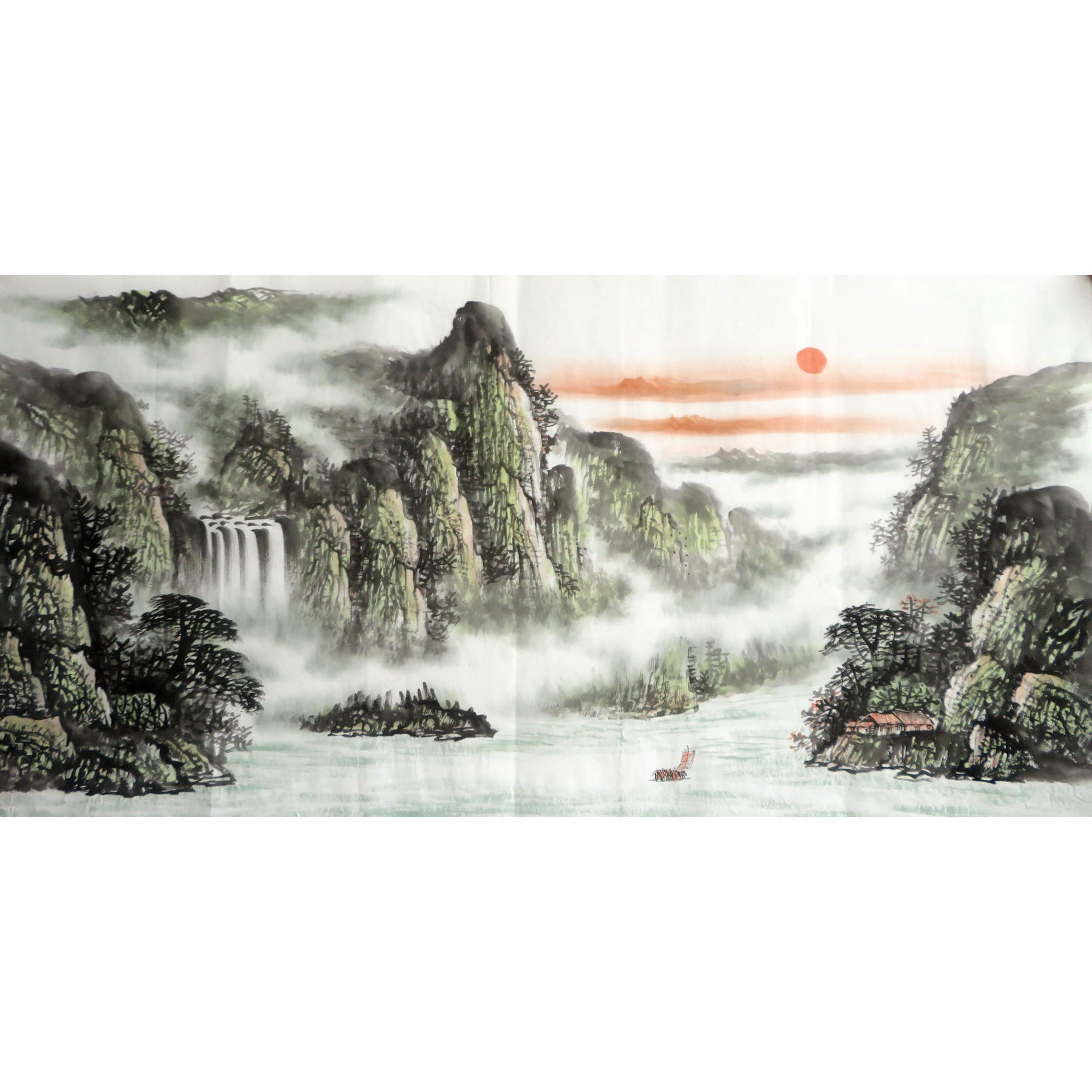 【8墨锦轩】特价水墨装饰国画纯手绘宣纸四尺山水画旭日东升瀑布