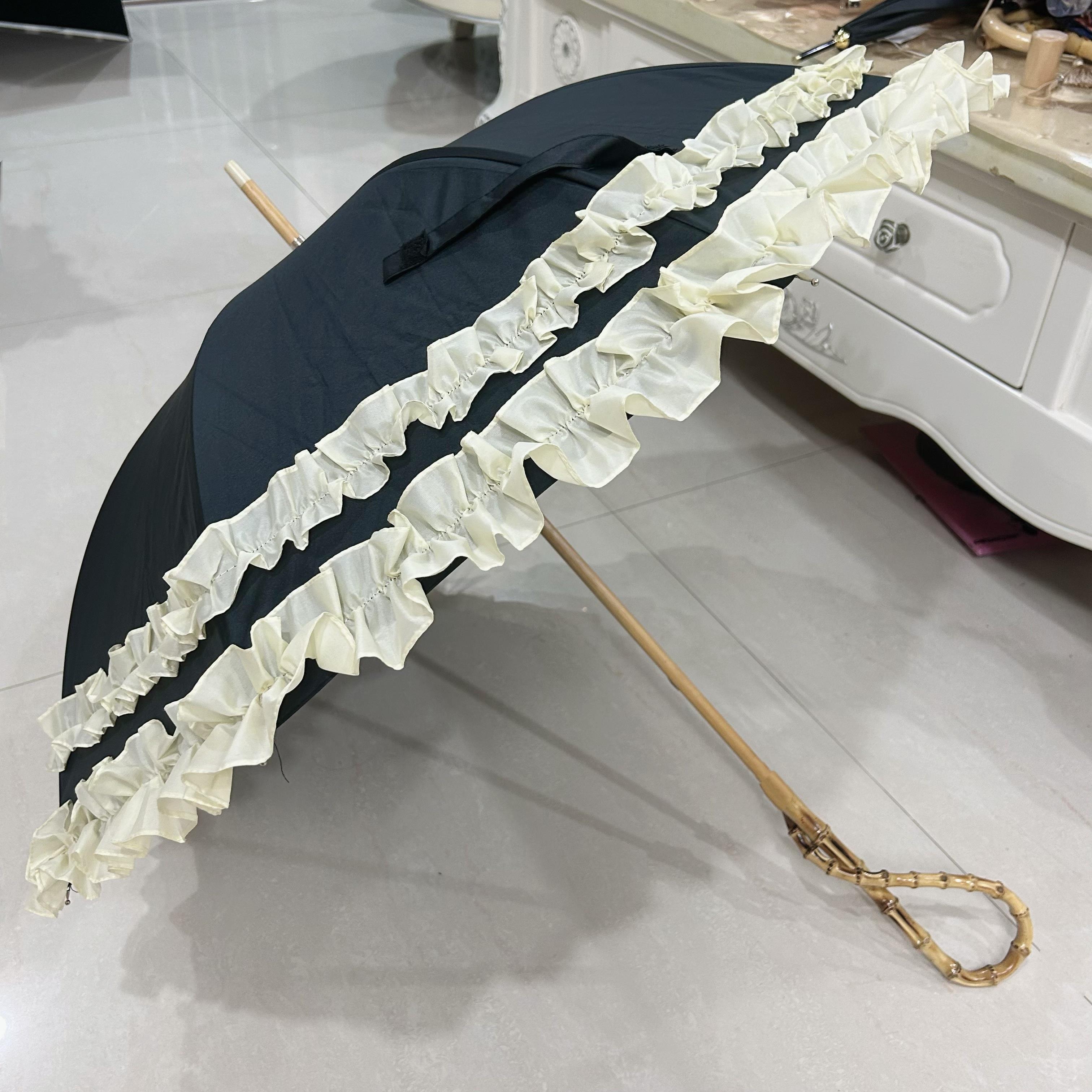 新款现货日本双层花边木制竹节手柄公主伞手动长柄伞黑胶晴雨两用