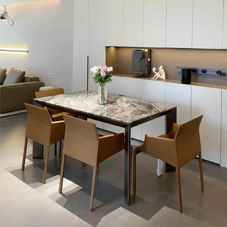威尼斯棕大理石长方形餐桌家用意式极简户型现代高端天然奢石餐台