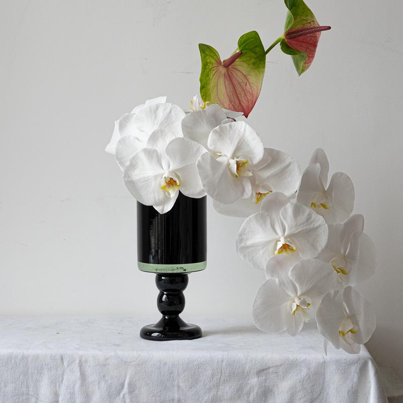 OOOOH法式中古高脚玻璃花瓶黑色复古插花水培摆件厚重不掉色