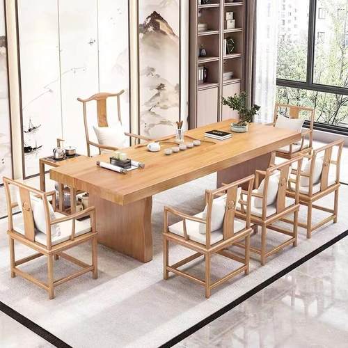 实木大板茶桌椅新中式办公喝茶简约现代办公室泡茶台原木桌椅组合