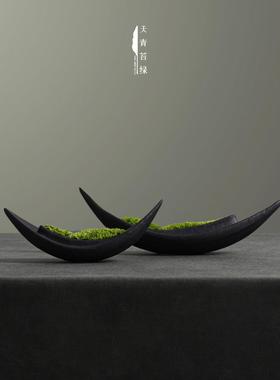 天青苔绿 新中式陶瓷花器永生苔藓一叶舟 茶室会所样板间茶几摆件