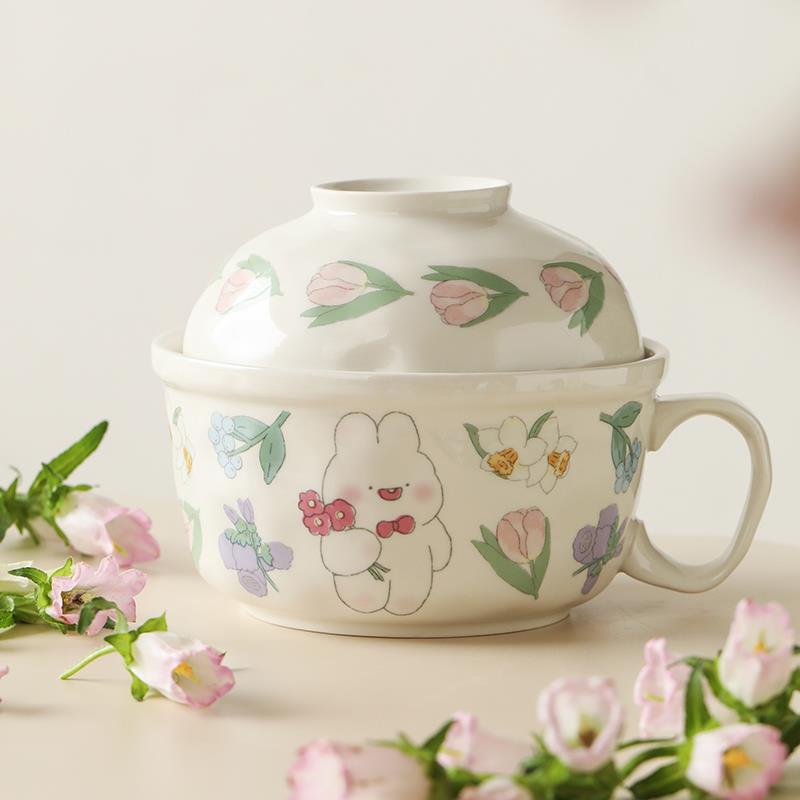 蓝莲花家居茉茉兔泡面碗瓷碗带盖子把手陶瓷个人食堂专用上班带饭
