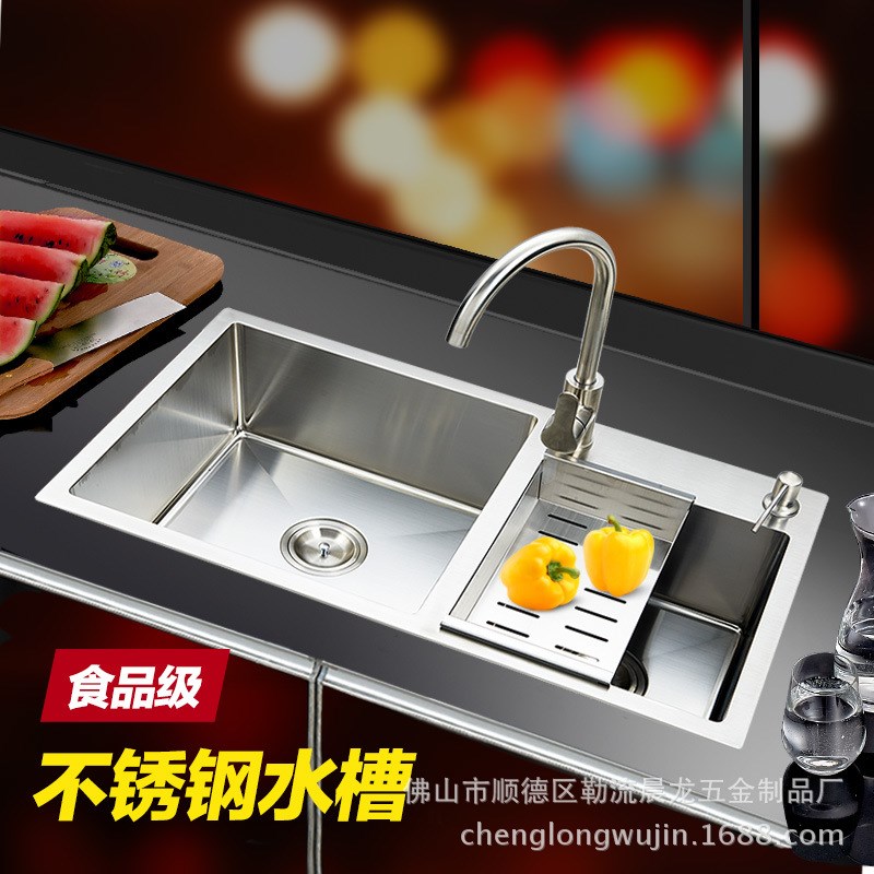 304不锈钢手工水槽 厨房用洗手盆加厚材料 8245台上双盆