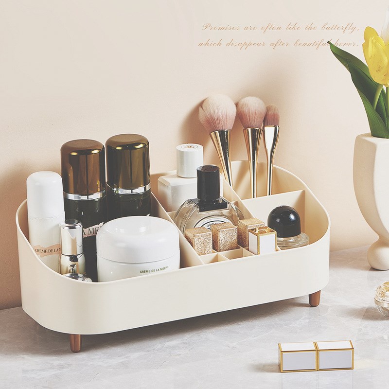 桌面化妆品收纳盒奶油白大容量化妆盒梳妆台护肤品分格置物架