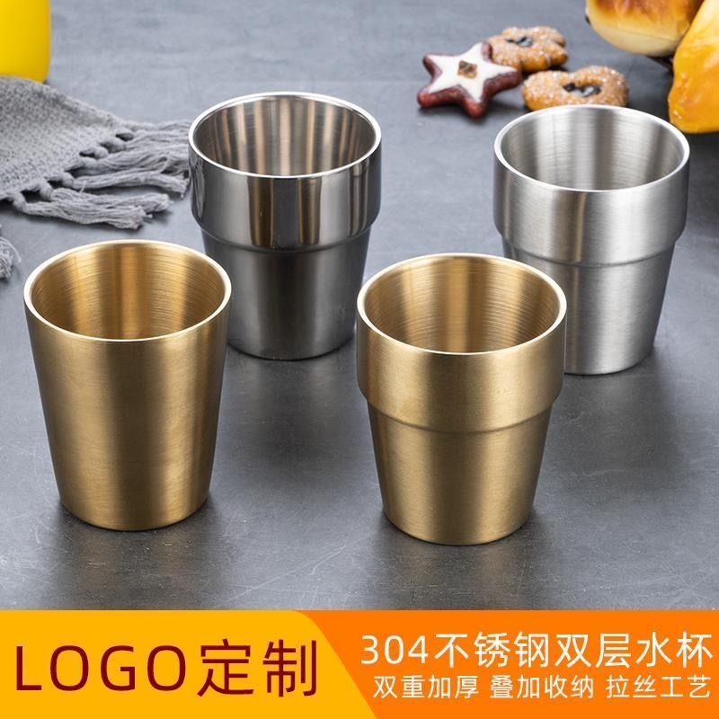 啤不酒杯锈钢韩式304双层水杯防烫子加厚热隔餐厅茶杯咖啡杯商用