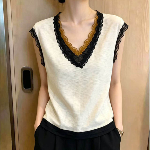 【小田tia专享】蕾丝拼接V领小飞袖针织衫 气质无袖上衣女