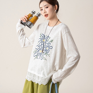蕾丝拼接花朵刺绣长袖 旷野花绣 T恤女 小田tia专享