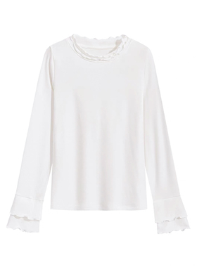 【小田tia专享】磨毛绒 双重木耳花边长袖T恤 百搭修身纯色上衣