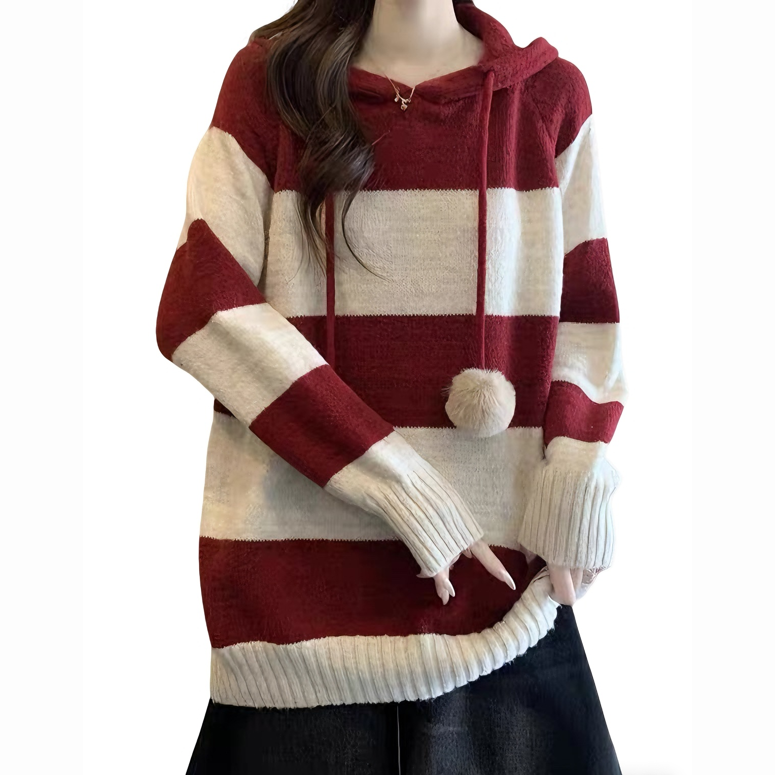 【小田tia专享】2026 毛球 秋冬新款慵懒风条纹休闲连帽毛衣女