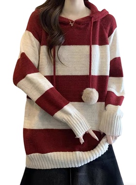 【小田tia专享】2026 毛球 秋冬新款慵懒风条纹休闲连帽毛衣女