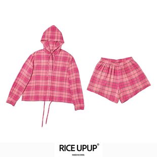 RICEUPUP“米格格”粉色拼格软绵连帽刺绣套装