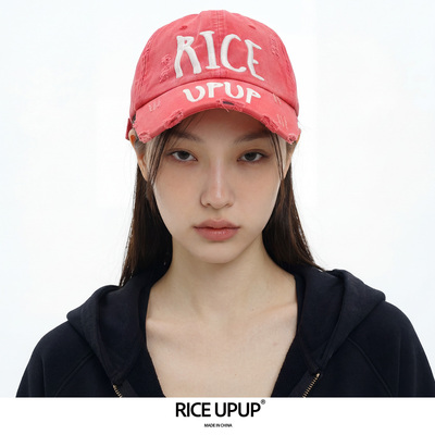 Riceupup红色街头洗水破坏棒球帽