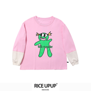 RICEUPUP“米小妹”粉色印花拼接长袖