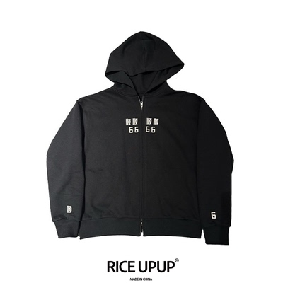 Riceupup“66大顺”黑色刺绣拉链外套