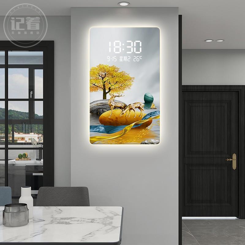 轻奢鹿钟表挂钟客餐厅电视背景格栅装E饰画夜光LED灯电子挂墙时钟