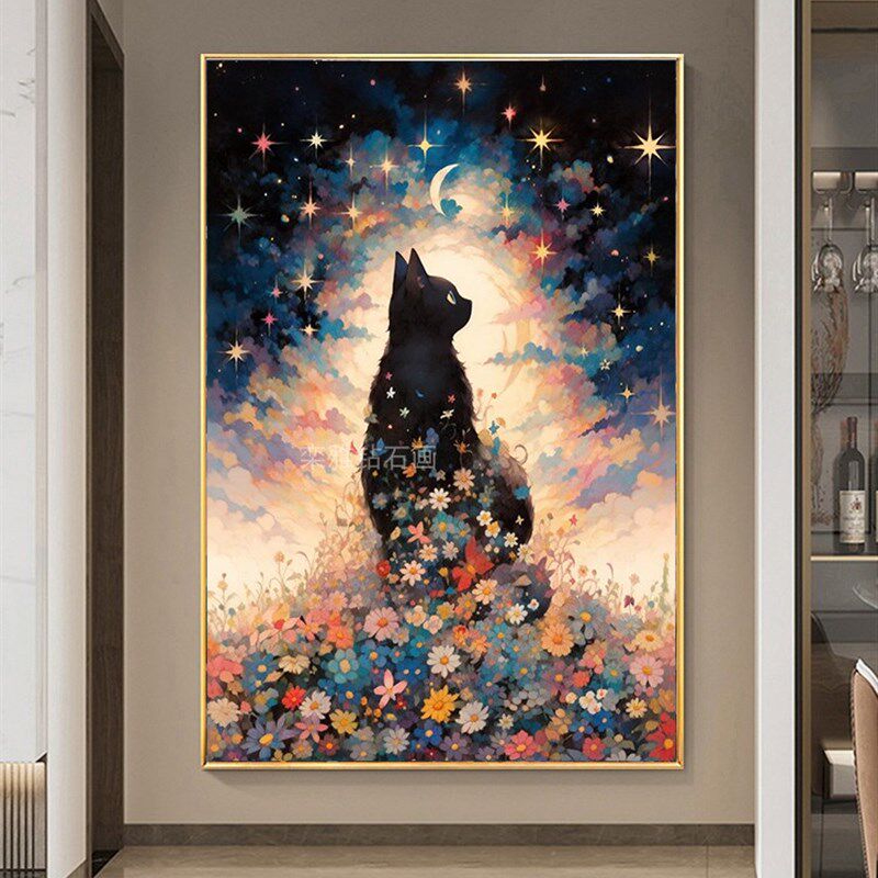 玄关动物DIY方钻满钻钻u石画钻石绣黑色猫咪侧影粘贴钻点钻十字绣