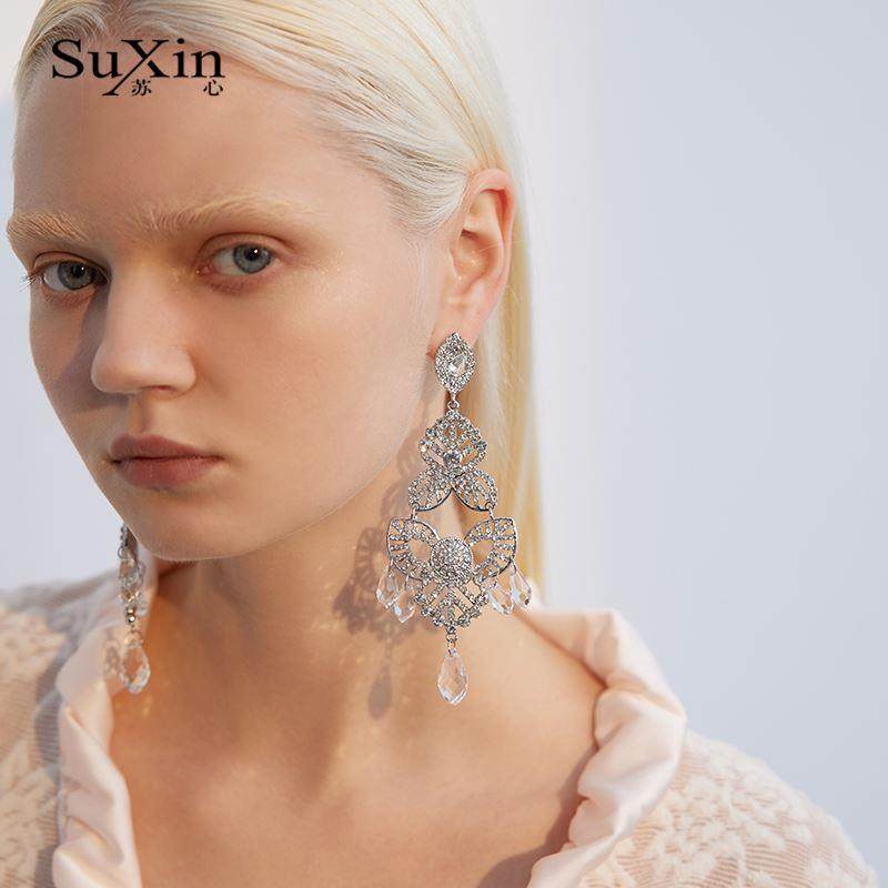 苏心925银针夸张欧美风重工设计树叶人造水晶吊坠耳环气质耳饰女