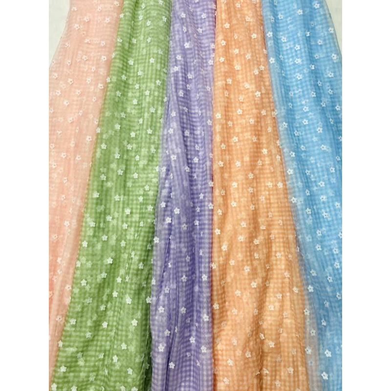 清新甜美田园风格经典印花格子纹网布底激L光刺绣花朵蕾丝多色可