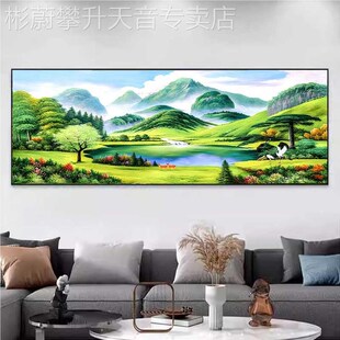 网红墙厅装画山横版o大客气公新中式饰沙发背景上挂画水靠画山办