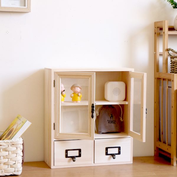 小资纳梳妆台化妆品收纳盒桌面抽屉式储物盒日式简约木制带门小柜