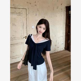 正肩上衣潮 v领蕾丝拼接短袖 T恤女2025夏季 新款 蝴蝶结绑带小众修身