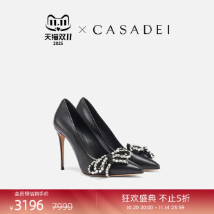 水钻蝴蝶结超细高跟鞋 黑色羊皮高跟鞋 10cm 卡桑蒂时尚 CASADEI