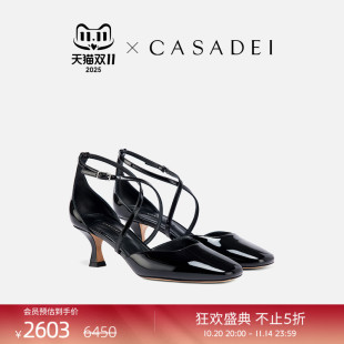 漆皮方头凉鞋 时尚 牛皮 卡桑蒂CHARLOTTE交叉绑带高跟鞋 CASADEI