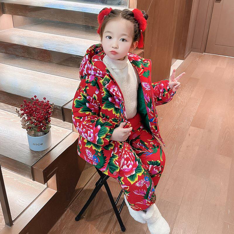 儿童东北大花棉袄套装冬季加厚款男童女宝宝中国风花棉衣女童棉服