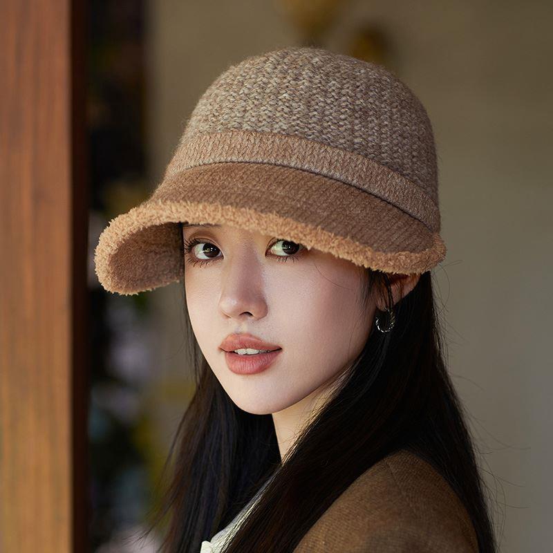 日系针织毛线帽秋冬天保暖防寒毛绒拼接女士鸭舌渔夫帽子百搭休闲
