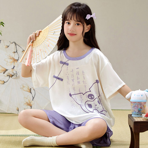 女童新国风睡衣夏亲子冰丝可外穿