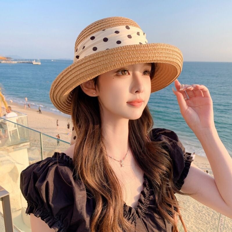 夏季女款飘带宽檐防晒草帽