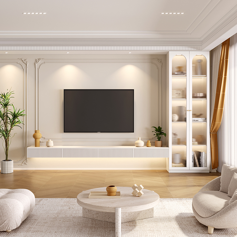 极简悬空电视机柜家用法式奶油风背景墙柜实木定制收纳一体储物柜