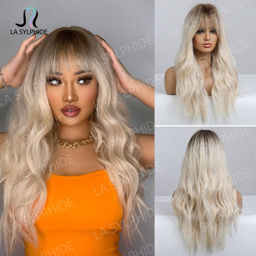 2024欧美新款棕色渐变白金色长卷发刘海假发女Hair机制化纤Wigs