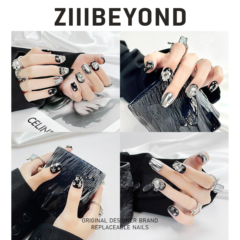 再变 魔法学院美甲纯手工穿戴甲黑银辣妹吸睛女款美甲短短梯ZB01