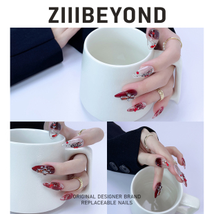 再变 失乐园彩绘新年款手工穿戴甲暗红哥特风个性显白中杏仁ZB22