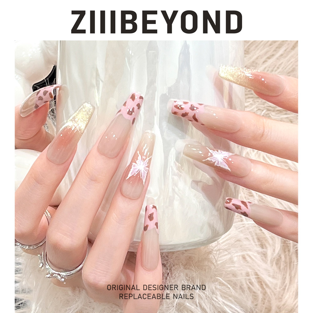 再变桃气包粉色豹纹纯手工穿戴甲