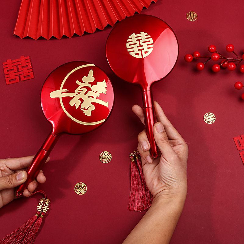 女方陪嫁红色喜字圆镜一对高档新娘结婚流苏化妆镜子婚嫁用品