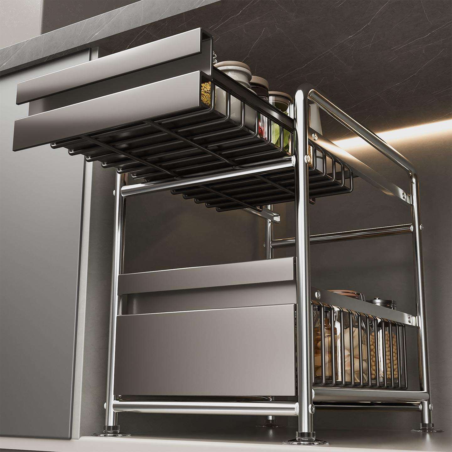 厨房抽拉式置物架橱柜内分层架下水槽拉篮橱柜抽屉式置物架