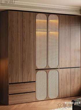 中古风实木衣柜家用卧室新款胡桃色成品柜子藤编复古多挂衣大衣橱