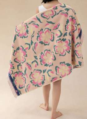 复古花卉长绒棉三色提花洗澡浴巾色织交织子母纱沙发盖毯流苏穗头