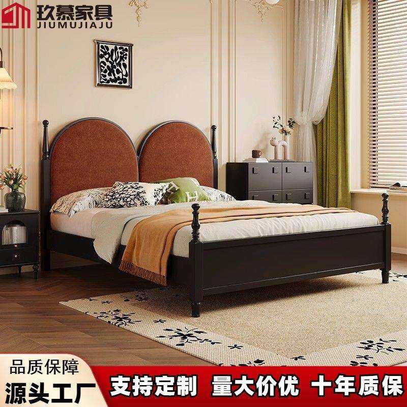 法式复古实木床樱桃色现代简约中古风双人床1米8主卧公主储物大床
