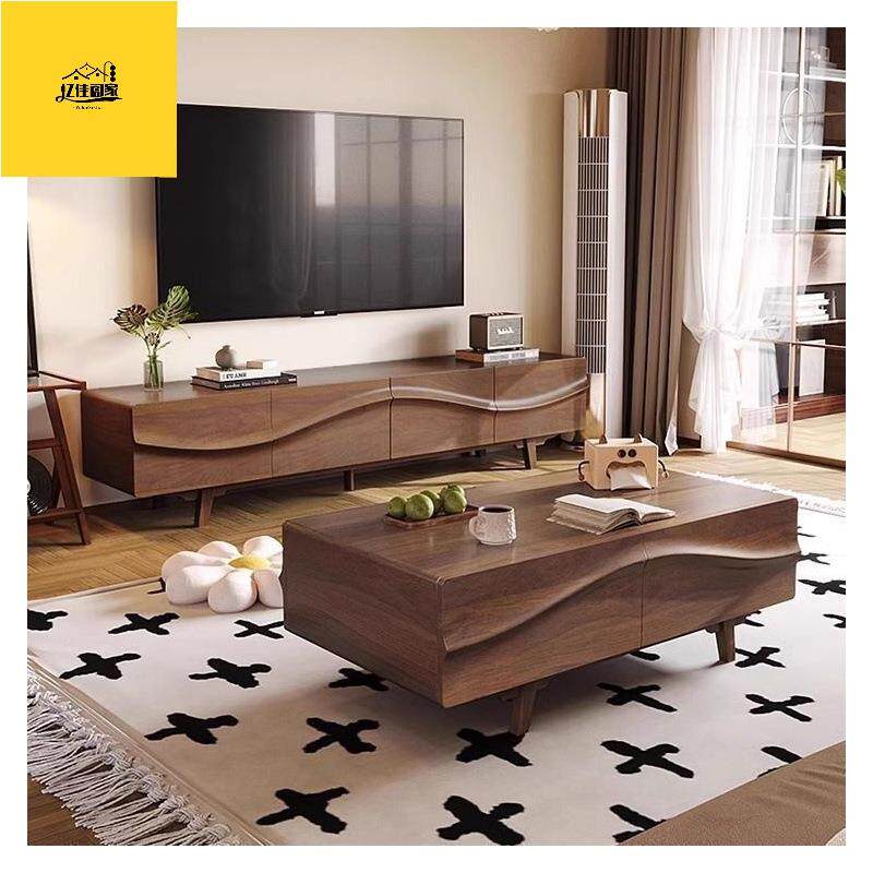 实木茶几电视柜组合客厅家用复古法式中古风胡桃色木纹实木茶桌