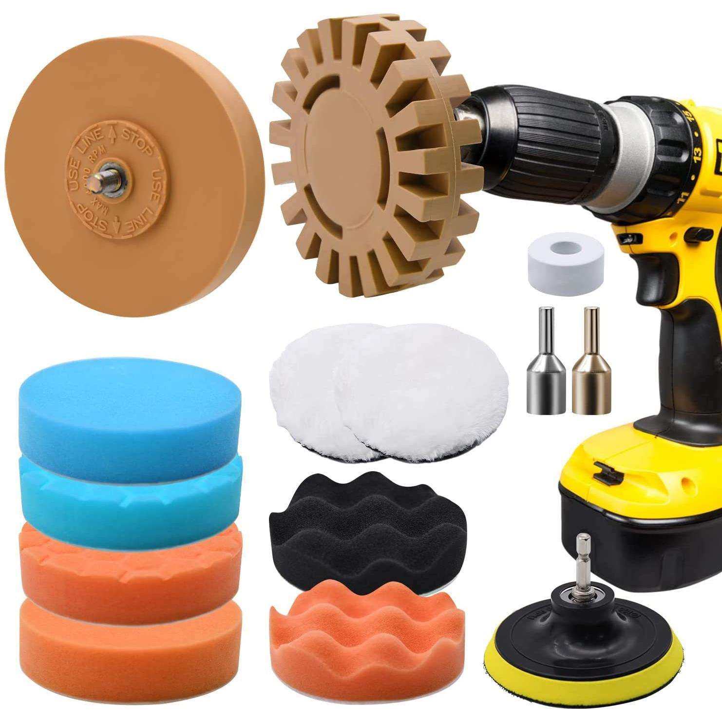 13件套4英寸汽车贴花胶去除工具橡皮擦轮贴纸去除器带海绵抛光垫