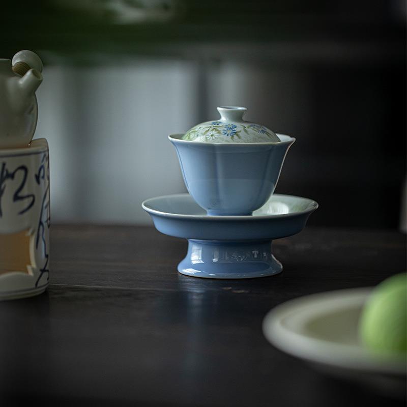 61K3暮山紫色手绘菊花高足盖碗壶承陶瓷仿宋泡茶碗茶点盘两才人文