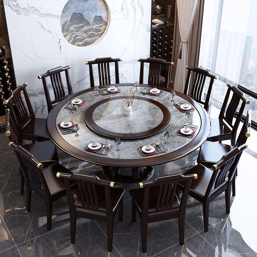 全实木岩板餐桌椅组合新中式轻奢圆桌圆形大理石家用吃饭桌子2m