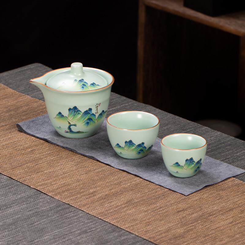 便携式快客杯一壶二杯简易功夫泡茶壶茶杯汝窑单个人旅行茶具套装