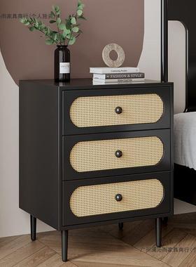 实木床头柜中古北欧简约现代藤编小柜子民宿卧室收纳斗柜置物柜子